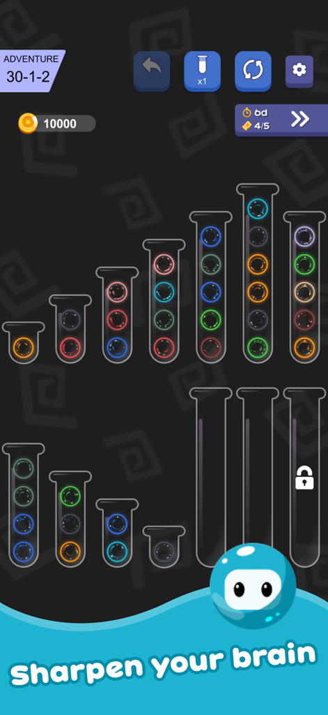 Ball Sorting Master - Puzzle - Gameplay screenshot of Ball Sorting Master showing neon colored balls in test tubes with the text Sharpen your brain