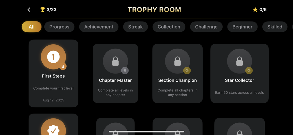 HeadsUpHockeyAI app Trophy Room showing player achievements and progress milestones.