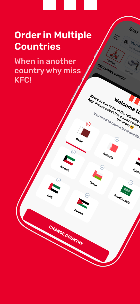 KFC Qatar - A screen in the KFC Qatar app showing options to order from multiple Middle Eastern countries including Qatar, Kuwait, UAE, and Bahrain.