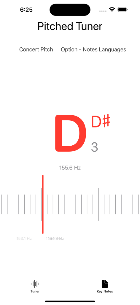 Pitched Tuner - Interfaz de la aplicación móvil Pitched Tuner que muestra una nota Re sostenido detectada con una frecuencia de 155.6 Hz y una escala de aguja de afinación