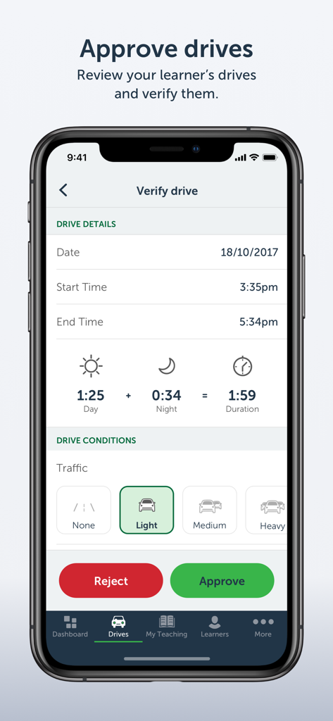 Screenshot of myLearners app showing the drive verification screen with day and night hours and an approve button