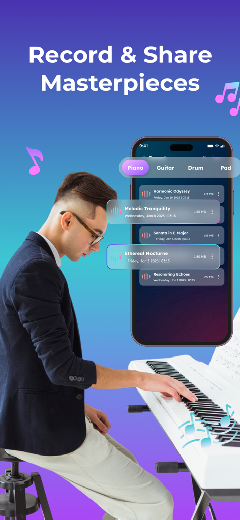 Trioplay: Piano - Learn & Game - Um músico tocando piano com a interface do aplicativo Trioplay mostrando uma lista de faixas gravadas para piano, guitarra e bateria