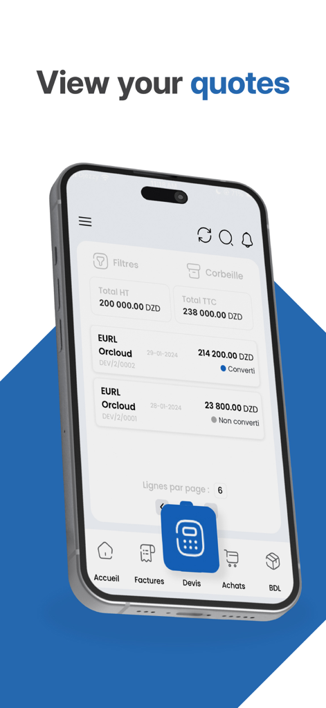 Application Fatoura Mobile affichant une liste de devis d'entreprise et de totaux sur un iPhone