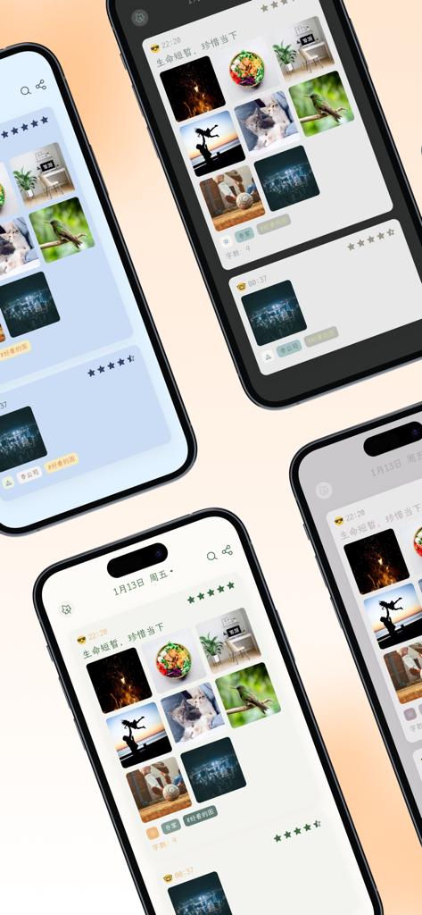 一叶日记·极简卡片日记 - Multiple iPhone screens displaying the clean card based layout of the One Leaf Diary journaling app