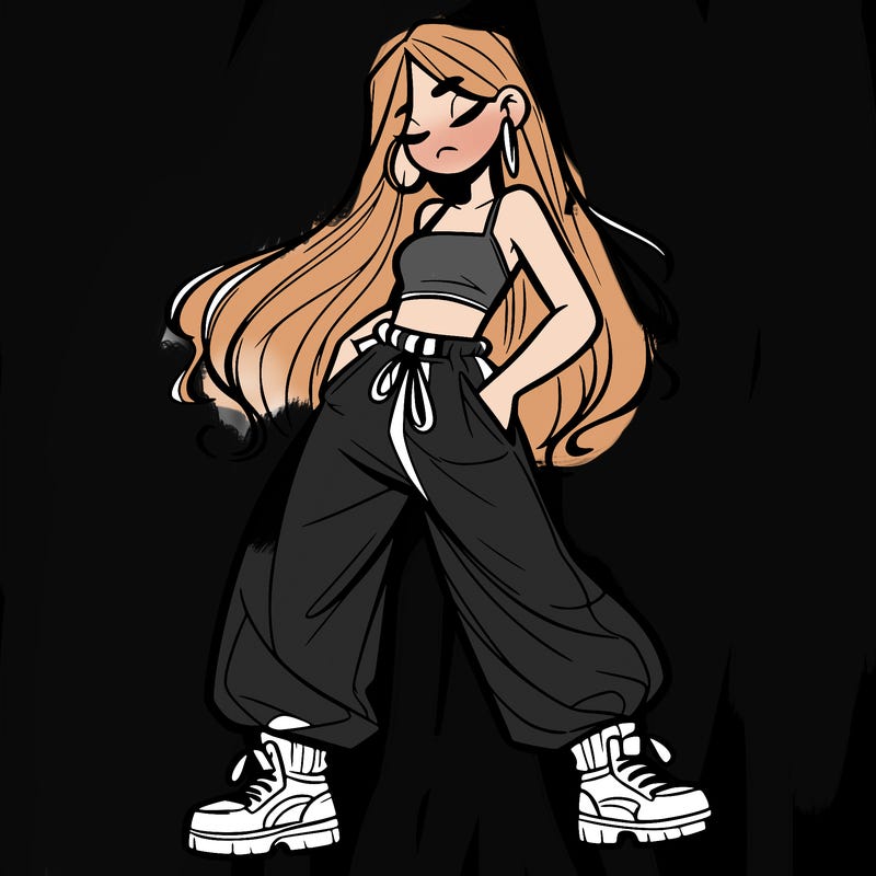 girl in baggy pants crop top and long hair