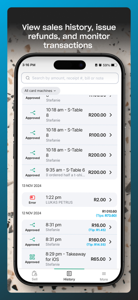 Yoco Point of Sale (POS) - A mobile screen of the Yoco POS app displaying a list of approved sales transactions and staff names.