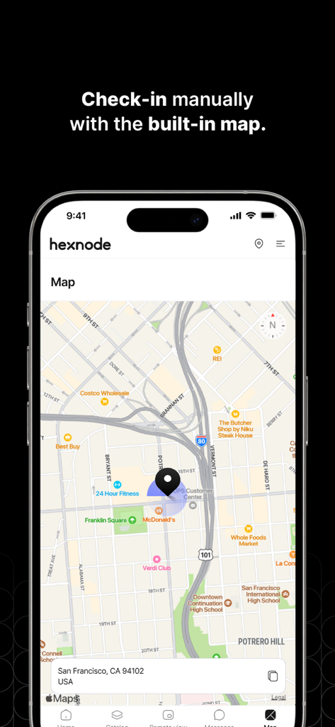 A mobile interface showing the Hexnode UEM built-in map for manual location check-ins on an iPhone