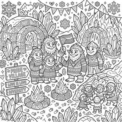 Dive into a unique celebration of love and diversity with this intricate adult coloring page featuring charming Ice Trolls. Explore a frosty Pride Village filled with detailed patterns and heartwarming messages, perfect for mindful coloring.