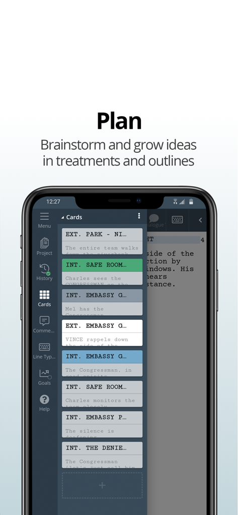 WriterDuet app screen showing scene cards for script planning and outlining