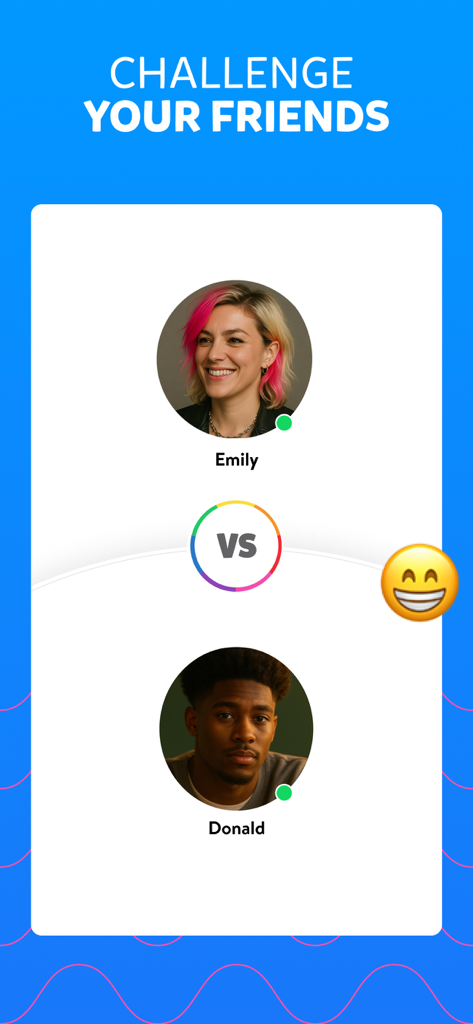 Pantalla de la aplicación Trivia Crack Premium que muestra un partido cara a cara entre dos jugadores llamados Emily y Donald bajo el encabezado Desafía a tus amigos.