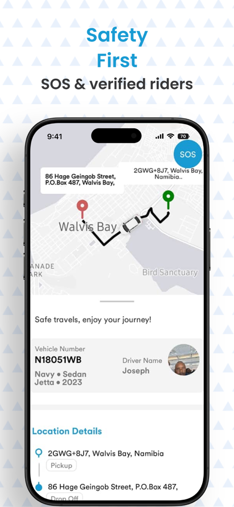 YetuYene Driver - Interface of the YetuYene app displaying real-time ride tracking, driver details, and an SOS button for safety.