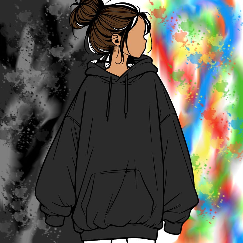 realistic girl with a oversized sweatshirt on and a bun