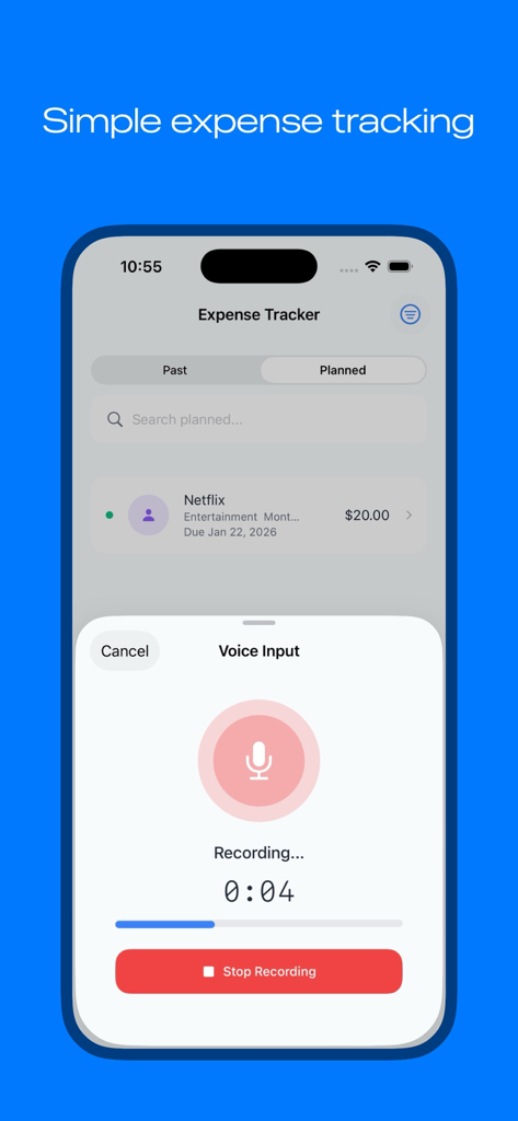 Household & Family Budget App - Pantalla de entrada de voz en la App de Presupuesto Familiar y del Hogar para el seguimiento de gastos sin usar las manos