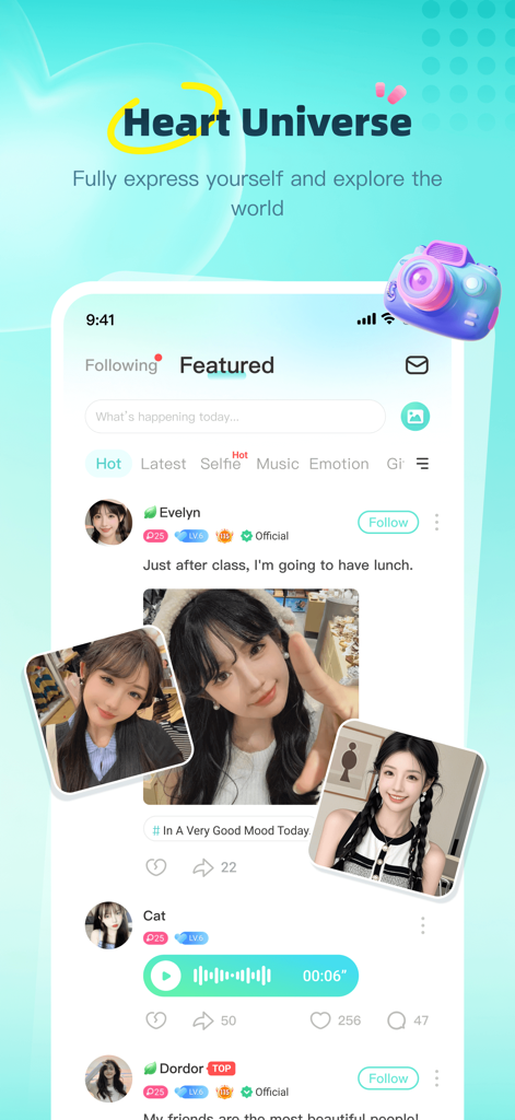 A smartphone screen displaying the Dino app moments feed with user profiles and voice posts.