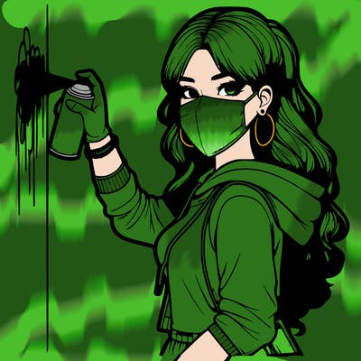 realistic girl with mask spray painting a wall