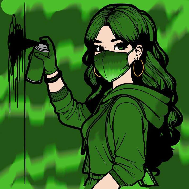 realistic girl with mask spray painting a wall