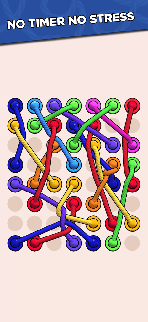 Twisted Ropes: Untangle 3D - A colorful 3D rope untangling puzzle on a grid with a no timer no stress banner