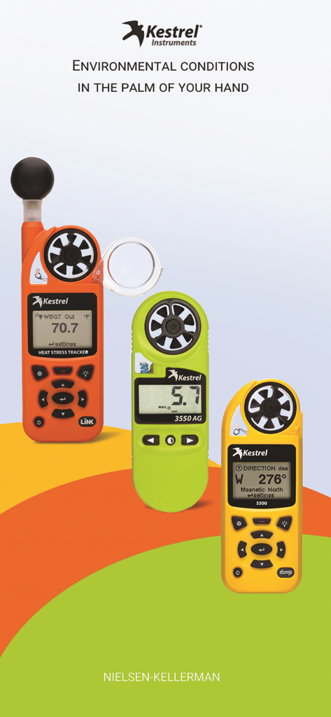 Three handheld Kestrel Instruments environmental meters in orange green and yellow