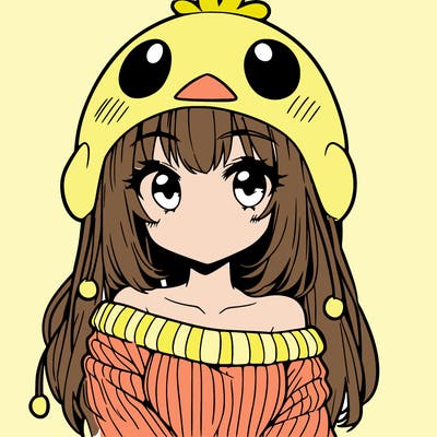 anime girl with chick shaped hat with sweater with bare shoulders with bangs covering them one eye with low tail