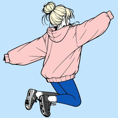 realistic girl jumping with a bun and oversized sweatshirt