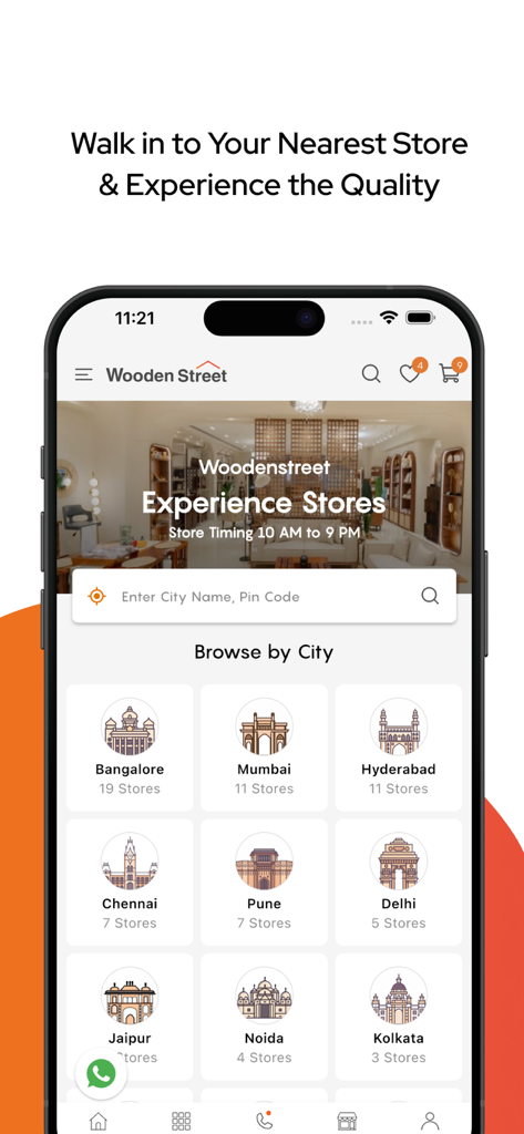 Wooden Street app interface showing furniture store locations in major Indian cities