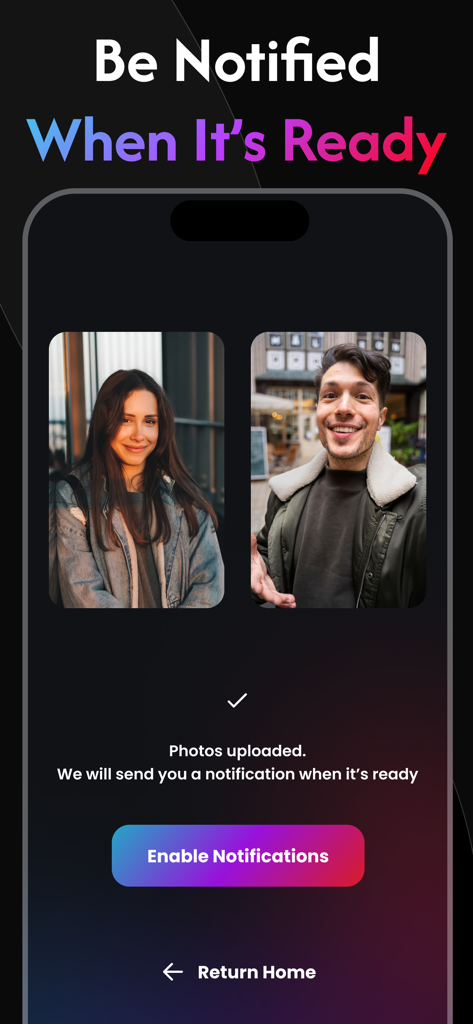 Hugi 앱 인터페이스에 업로드된 사진과 AI 비디오 준비 시 알림을 활성화하는 버튼이 표시됩니다.