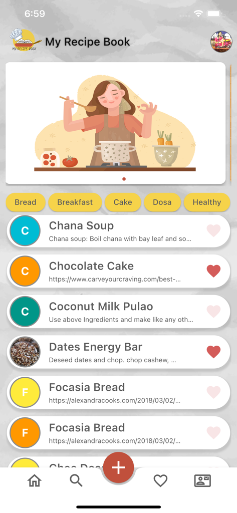 Dashboard der Mein Kochbuch App mit einer Liste gespeicherter Rezepte nach Kategorien und einer Illustration eines Kochs.