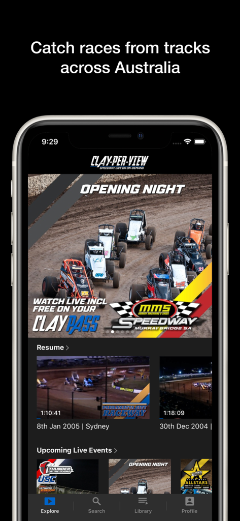 Clay Per View - Clay Per View app interface displaying live and on demand speedway racing from Australia