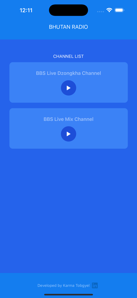 Bhutan • Radio - Interfaz de la aplicación Bhutan Radio mostrando opciones de canal BBS Live Dzongkha y Mix