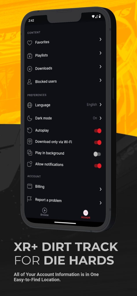 XR Events + - Account and preferences menu within the XR Events plus dirt track racing application.