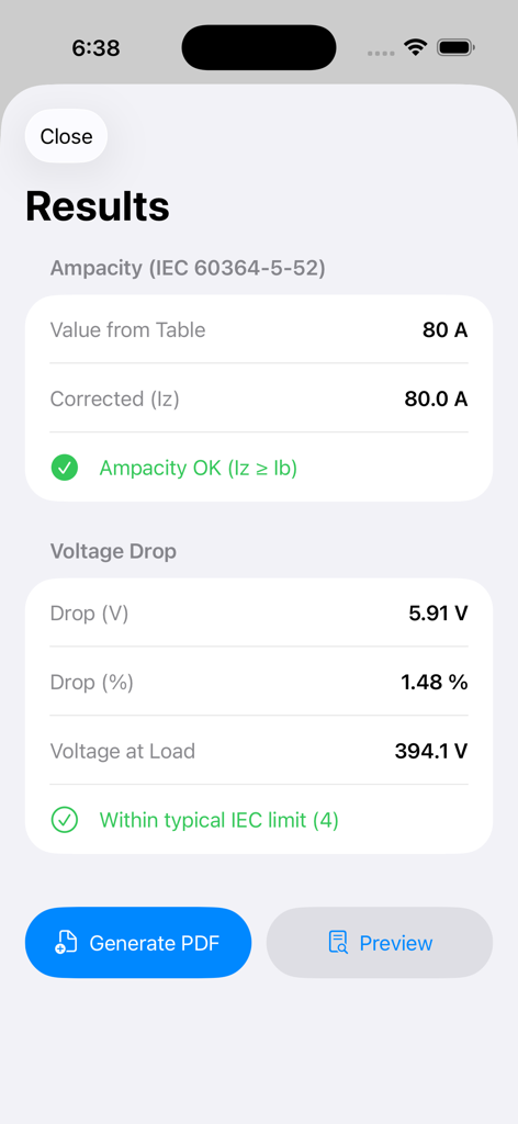 Voltage Drop Calculator. - Results screen showing voltage drop and ampacity calculations with options to generate a PDF report