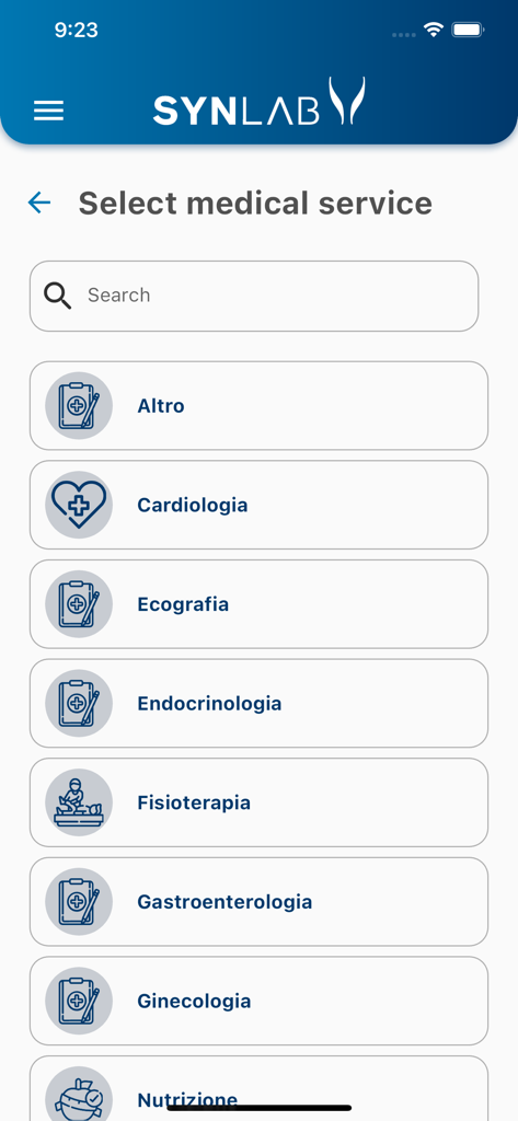 SYNLAB - SYNLAB app screen showing a list of medical specialties to book appointments