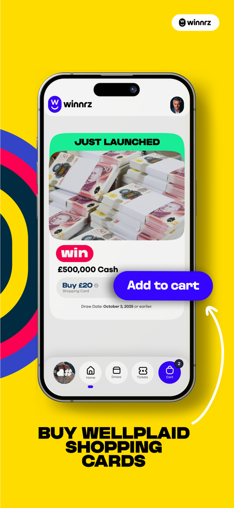 Winnrz - Winnrz app interface showing a 500,000 pound cash prize draw and a button to buy a shopping card