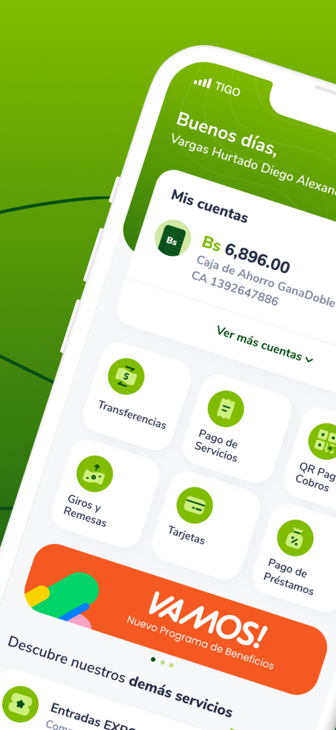 GanaMóvil - GanaMóvil mobile banking app home screen showing account balance and financial service icons