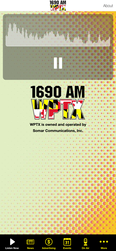 100.7FM & 1690 AM WPTX - WPTX 1690 AM radio app interface showing a live audio player with a waveform and pause button
