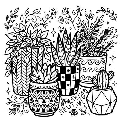 Discover the beauty of indoor greenery with this delightful coloring page featuring various potted plants. Each plant is nestled in a uniquely designed decorative cachepot, ready for your artistic touch.