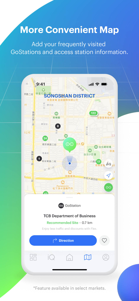 Gogoro® - The Gogoro app map display showing GoStation battery swap locations and station details.