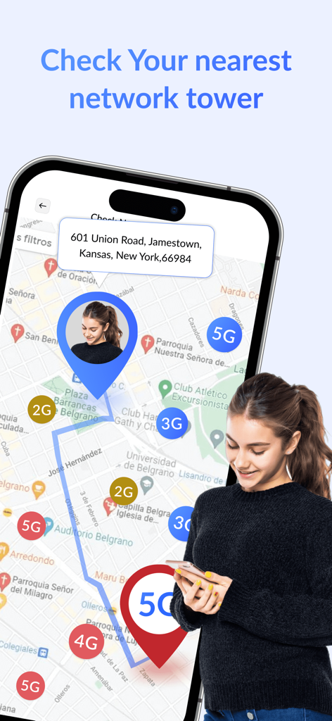 Una persona usando una aplicación móvil para encontrar las antenas de red 5G y 4G más cercanas en un mapa interactivo.