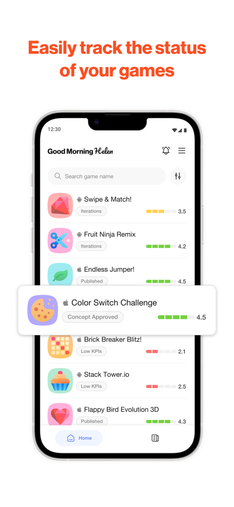 Supersonic App - Mobile dashboard of the Supersonic App displaying a list of games with statuses such as concept approved and performance metrics