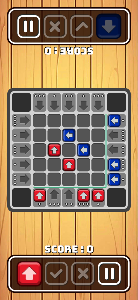 TableTop BoardGame - Una interfaz de juego de mesa de estrategia con fichas de flecha rojas y azules en una cuadrícula.