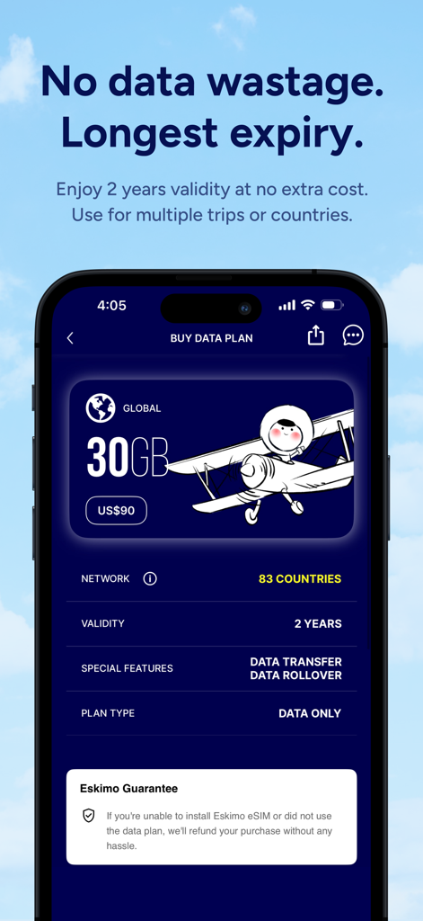 Tela do aplicativo Eskimo para comprar um plano de dados global de 30GB com validade de 2 anos