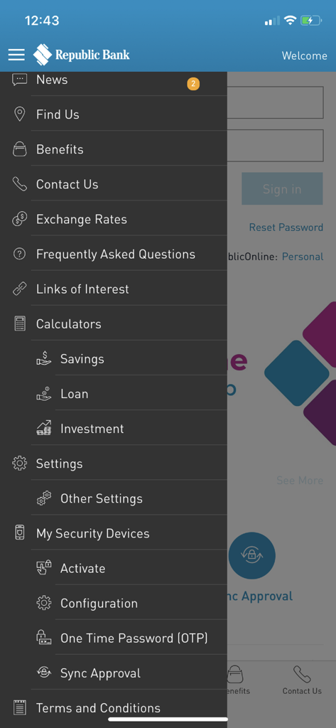 Side navigation menu of the RepublicMobile TT banking app featuring financial tools and security settings