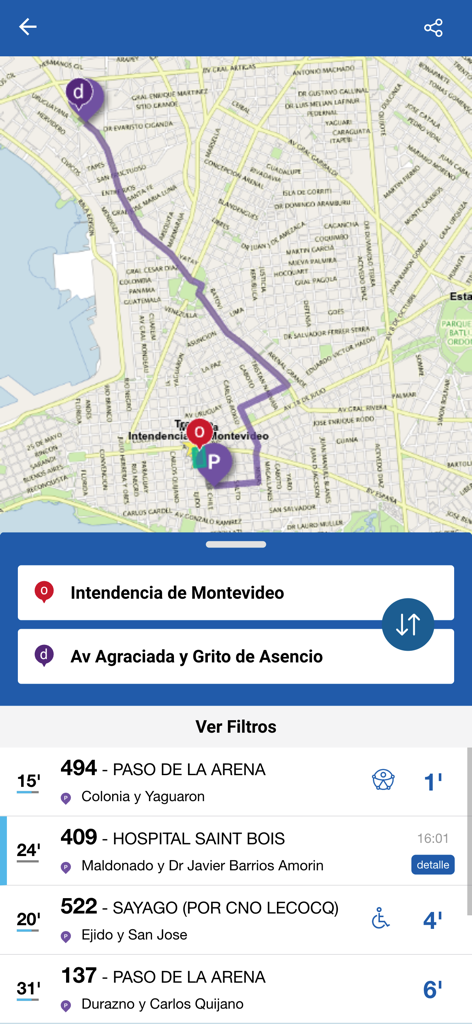 Map view in the Cómo ir app showing a bus route and real-time arrival times for public transit in Montevideo