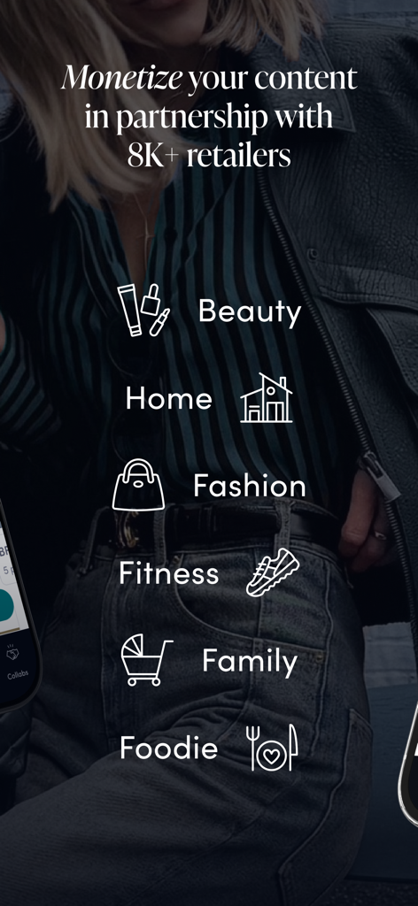 LTK Creator: Monetize Content - LTK Creator app screen showing lifestyle categories for content monetization including Beauty Home Fashion and Fitness