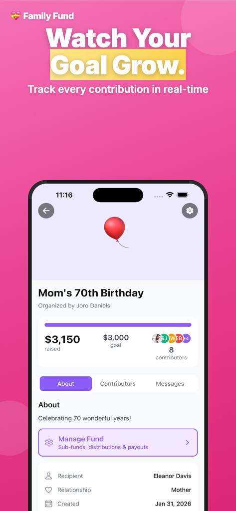 SUSU Circles - SUSU Circles Family Fund interface showing progress tracking for a birthday goal