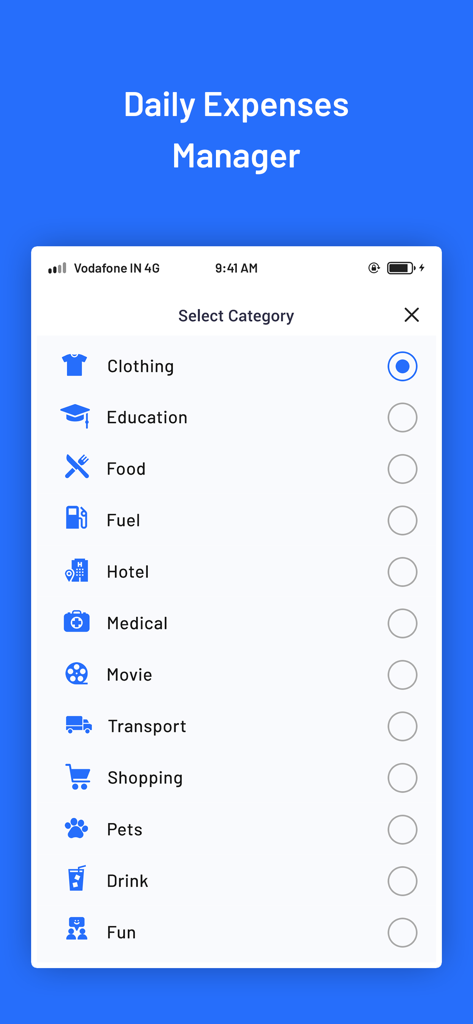 Daily Budget Tracker & Planner - A mobile app screen displaying a list of expense categories such as Clothing, Food, and Medical for manual budget tracking.