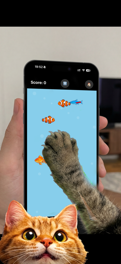 Cat Games for Cats: Meow - A cat paw touches animated fish on a smartphone screen in the Cat Games for Cats Meow app.