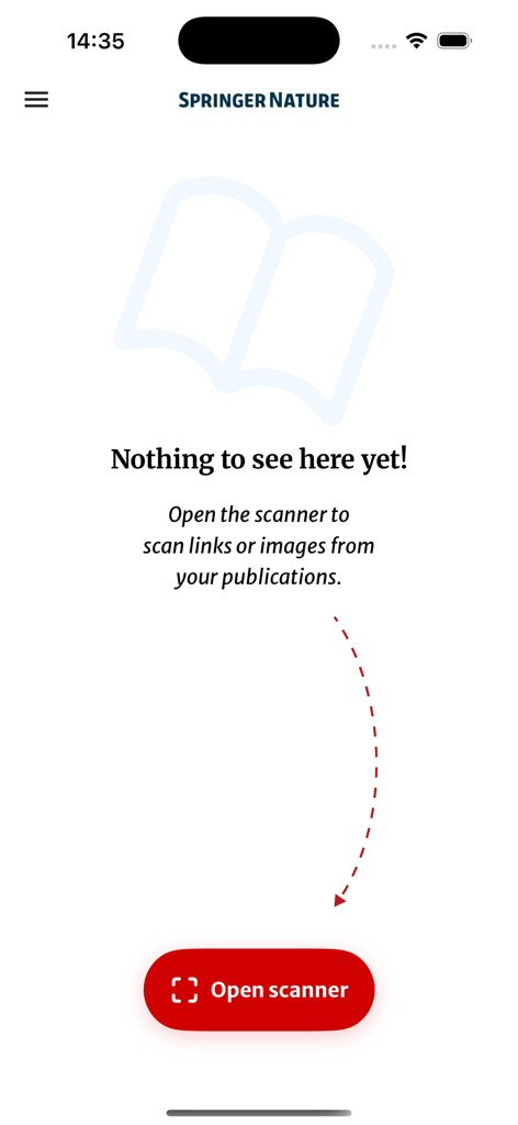 Springer Nature More Media app interface showing a prompt to open the scanner to access supplementary material from publications