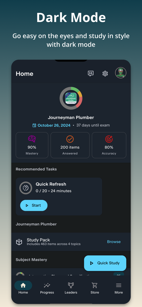 PSI Test Prep - PSI Test Prep app home screen in dark mode showing exam progress and countdown