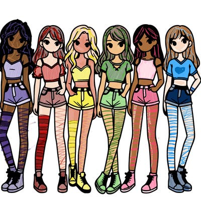 a group of girls wearing crop tops and shorts